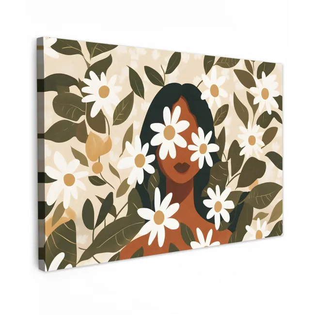 Illustratie - Vrouw - Madeliefjes - Wit Tuinposter op houten frame 2 cm dik middel -3d