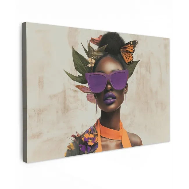 Vrouw - Zonnebril - Vlinder - Bloemen Tuinposter op houten frame 2 cm dik klein -3d