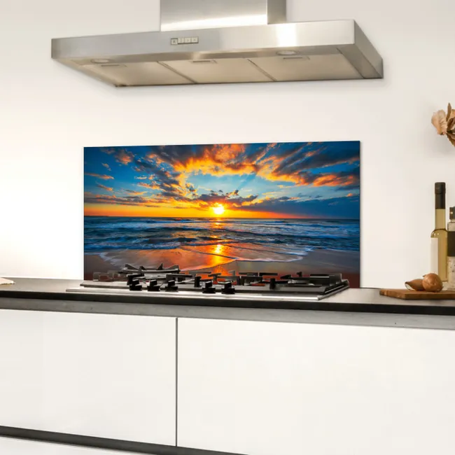Zee - Zonsondergang - Strand - Wolken - Oranje Spatscherm Aluminium klein -sfeer4