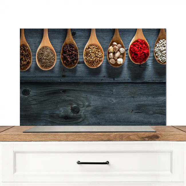 Kruiden - Lepels - Hout - Keuken - Specerijen - Industrieel Spatscherm Aluminium middel -3d_zonderpan