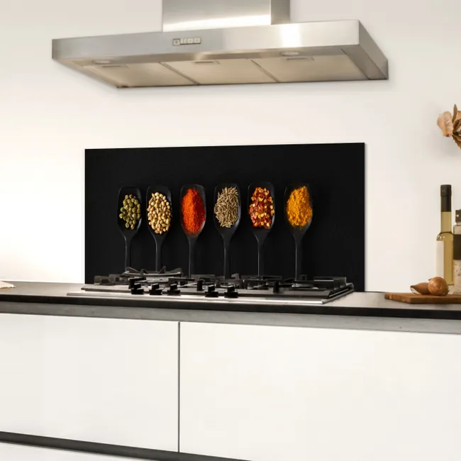 Lepels - Specerijen - Zwart - Kruiden - Rustiek Spatscherm Aluminium klein -sfeer4