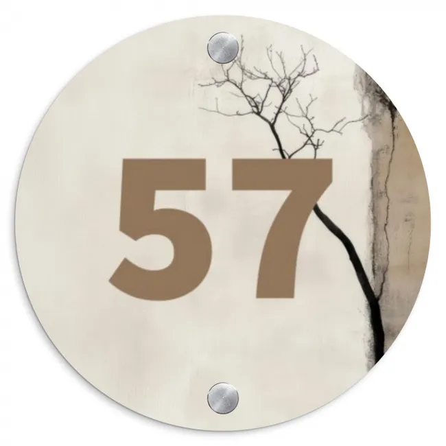 Naambordje voordeur - Rond - Boomsilhouet beige achtergrond - Traditioneel