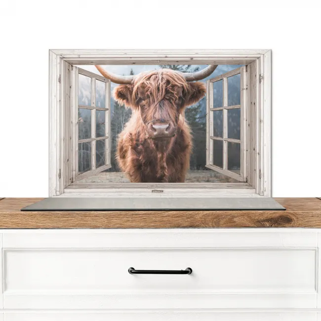 Schotse hooglander - Koe - Berg - Doorkijk Spatscherm Aluminium klein -3d_zonderpan