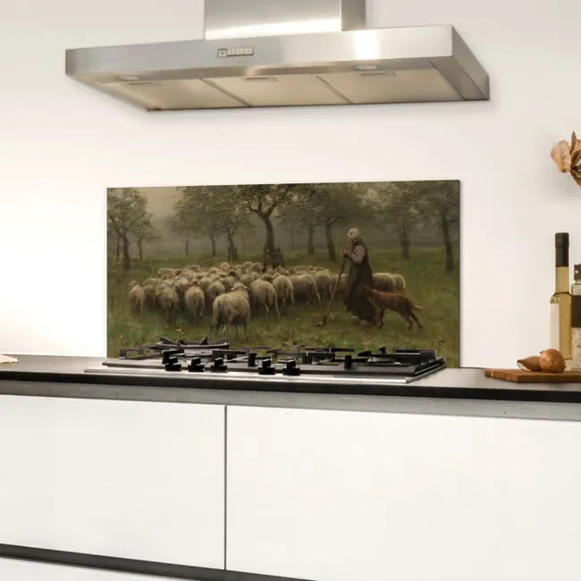 Herderin met kudde schapen - Schilderij van Anton Mauve Spatscherm Aluminium klein -sfeer4