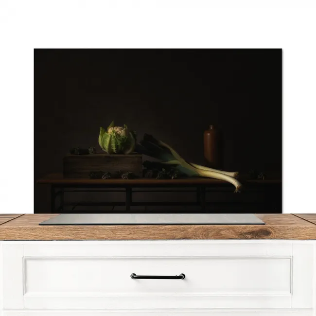 Stilleven - Tafel - Schilderij - Groenten - Prei - Bloemkool - Kunst Spatscherm Aluminium middel -3d_zonderpan