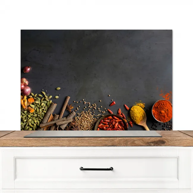 Kruiden - Eten - Specerijen - Zwart - Paprika - Kaneel Spatscherm Aluminium middel -3d_zonderpan