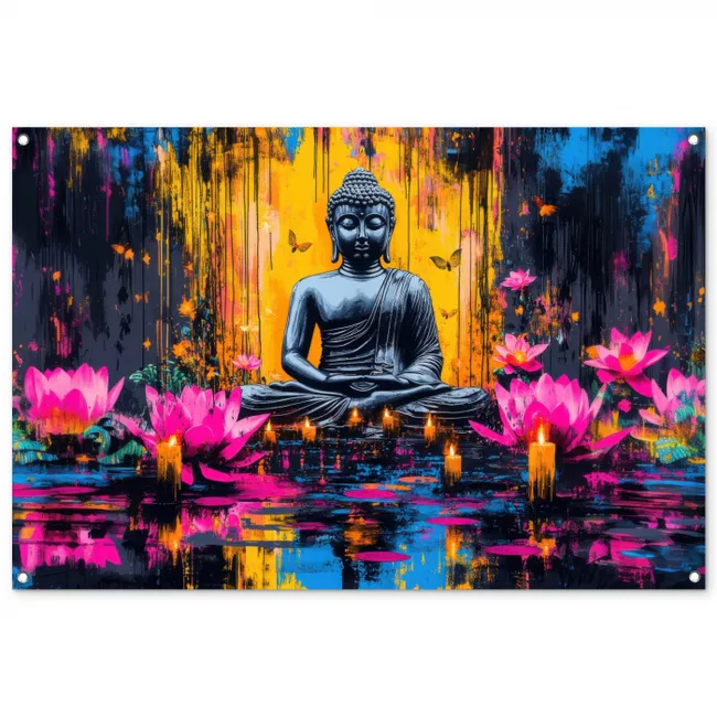 Buddha - Bloemen - Kaarsen - Geel tuinposter los doek groot -3d