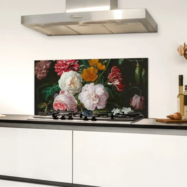 Stilleven met bloemen in een glazen vaas - Schilderij van Jan Davidsz. de Heem Spatscherm Aluminium klein -sfeer4