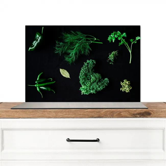 Specerijen en kruiden op zwarte achtergrond Spatscherm Aluminium klein -3d_zonderpan