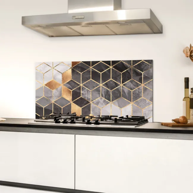 Abstract - Kubus - Goud - Patronen - Zwart - Wit Spatscherm Aluminium klein -sfeer4