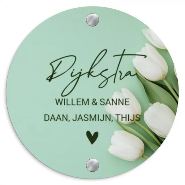 Naambordje voordeur - Rond - Witte tulpen - Sierlijk