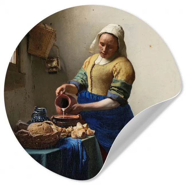 Het melkmeisje - Schilderij van Johannes Vermeer Wandcirkel behangsticker middel -3d