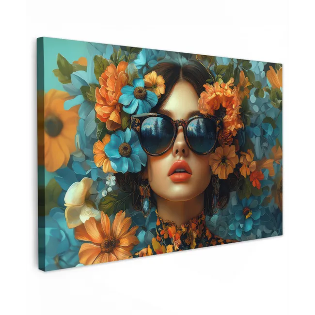 Vrouw - Bloemen - Oranje - Blauw - Modern Tuinposter op houten frame 2 cm dik klein -3d