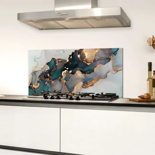 Blauw - Marmer - Goud Spatscherm Aluminium klein -sfeer4