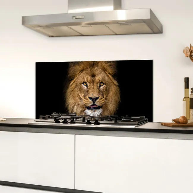 Leeuw - Portret - Zwart - Dieren Spatscherm Aluminium klein -sfeer4