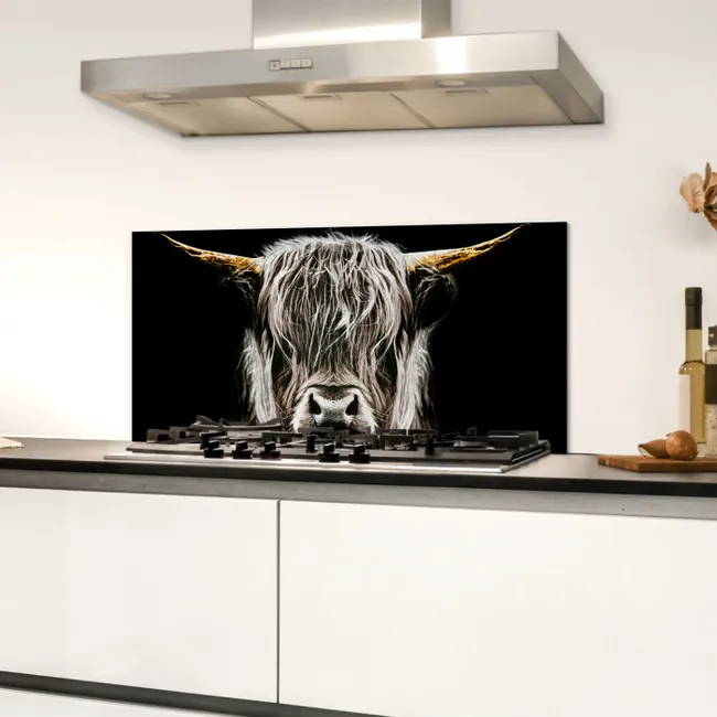 Schotse hooglander - Goud - Hoorns - Zwart wit - Koe - Dieren Spatscherm Aluminium klein -sfeer4
