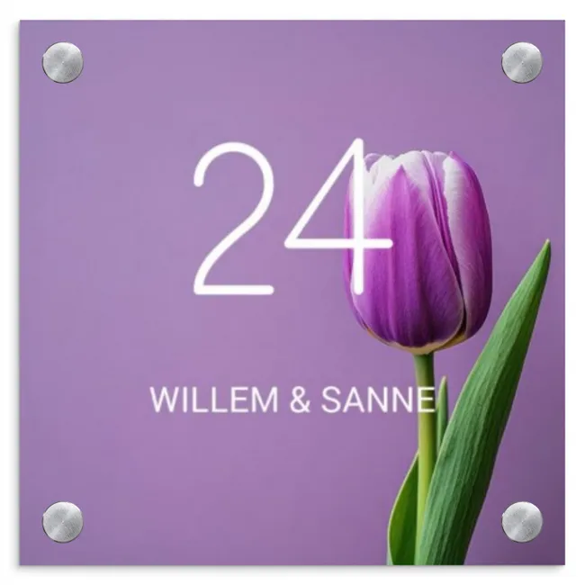 Naambordje voordeur - Vierkant - Paarse tulp - Klassiek