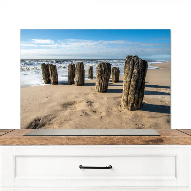 Zand - Strand - Paal - Water - Zomer Spatscherm Aluminium middel -3d_zonderpan