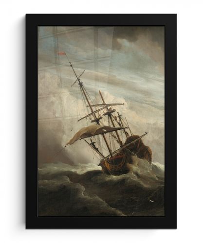 Een schip in volle zee bij vliegende storm - Schilderij van Willem van de Velde