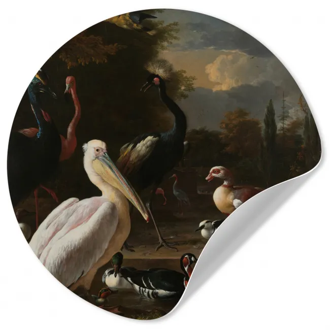 Een pelikaan en ander gevogelte bij een waterbassin - Schilderij van Melchior d'Hondecoeter Wandcirkel behangsticker klein -3d