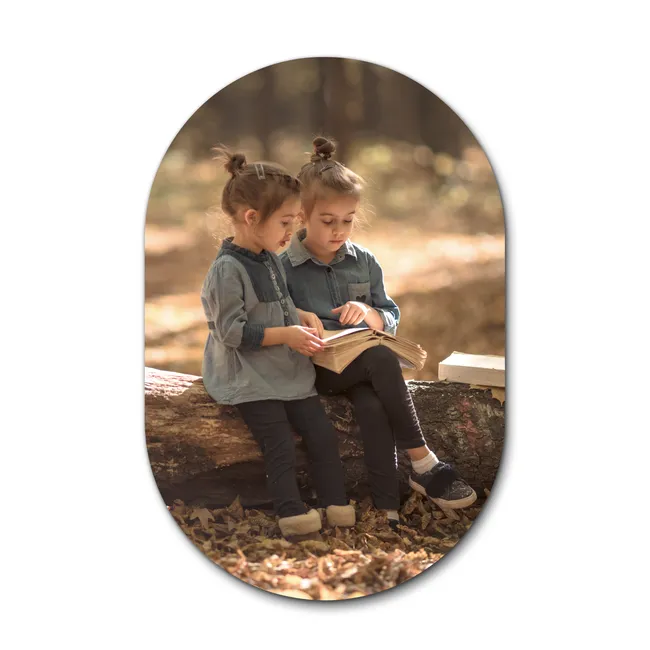 Muurovaal met foto - porductbeeld - Twee meisjes op een boomstam