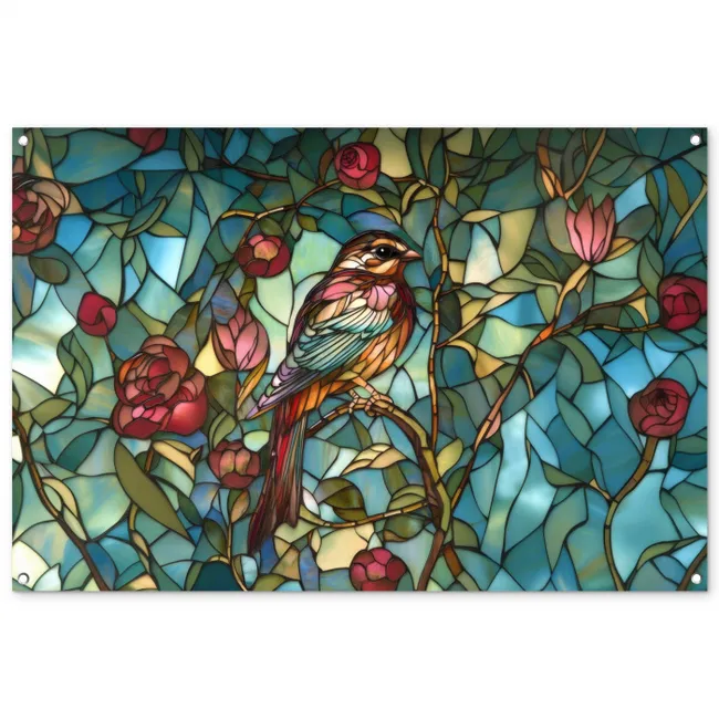 Vogel - Tak - Rozen - Mozaïek tuinposter los doek groot -3d