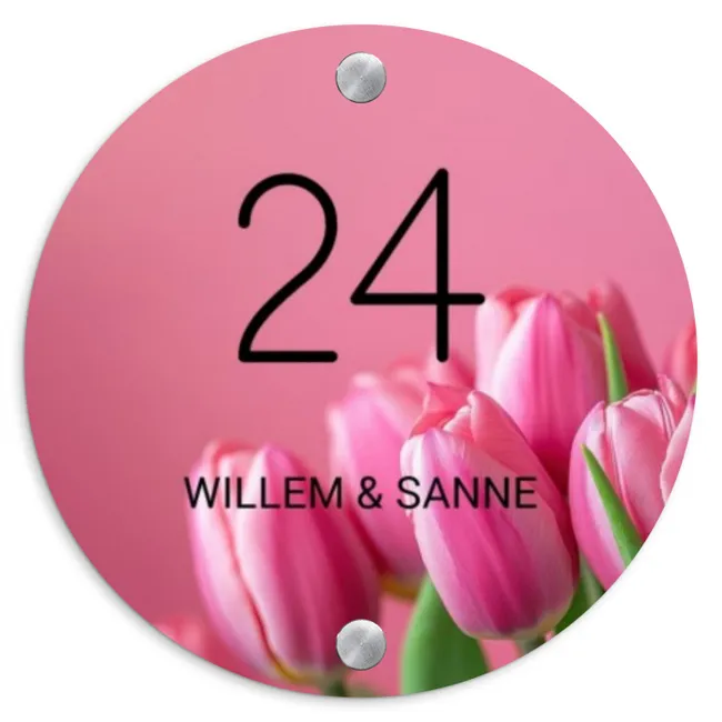 Naambordje voordeur - Rond - Roze tulpen - Klassiek