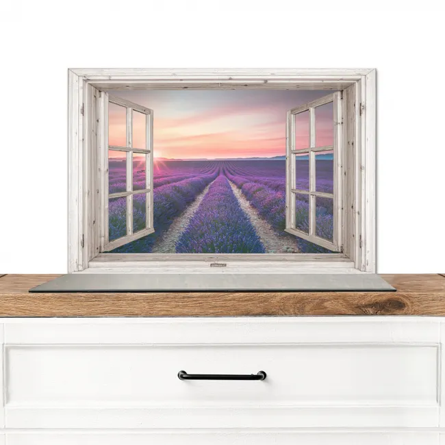 Doorkijk - Lavendel - Bloemen - Hout - Zonsondergang - Paars Spatscherm Aluminium klein -3d_zonderpan