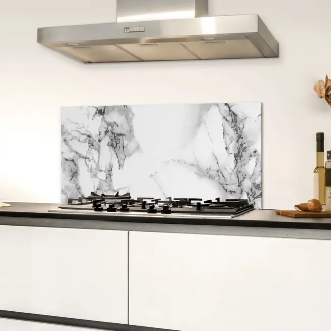 Marmer - Steen - Wit - Grijs - Zwart - Marmerlook Spatscherm Aluminium klein -sfeer4