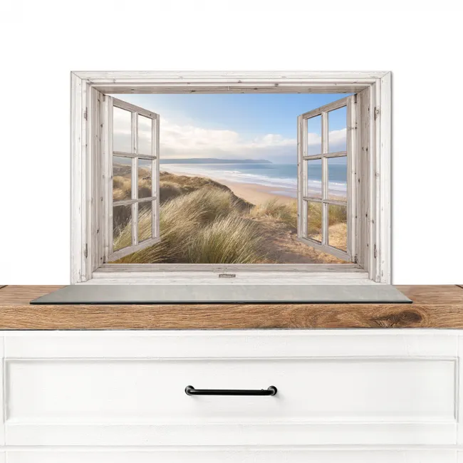 Doorkijk - Strand - Zee - Duinen - Helmgras - Zand - Blauw Spatscherm Aluminium klein -3d_zonderpan