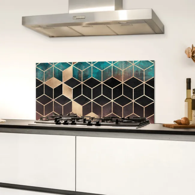 Abstract - Kubus - Goud - Patronen - Luxe Spatscherm Aluminium klein -sfeer4