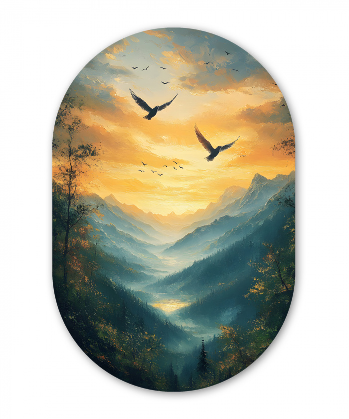 Vogels - Zon - Bomen - Groen Wandcirkel Ovaal Aluminium middel -3d