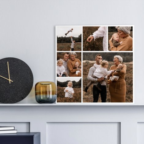 Fotocollage op canvas op witte schouw