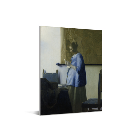 Brieflezende vrouw in het blauw - Schilderij van Johannes Vermeer Aluminium