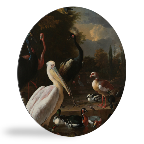Een pelikaan en ander gevogelte bij een waterbassin - Schilderij van Melchior d'Hondecoeter wandcirkel 