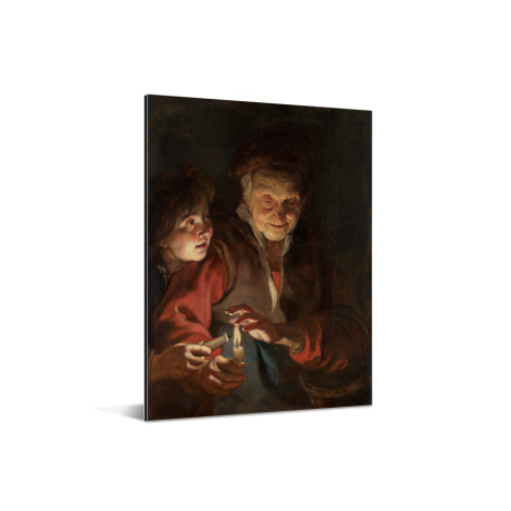 Oude vrouw en jongen met kaarsen - Schilderij van Peter Paul Rubens Aluminium