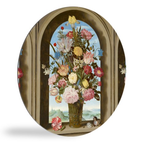 Vaas met bloemen in een venster - Schilderij van Ambrosius Bosschaert de Oude wandcirkel 