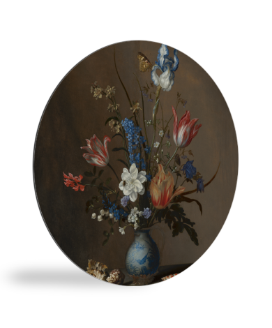Bloemen in een Wan-Li vaas en schelpen - Schilderij van Balthasar van der Ast wandcirkel 