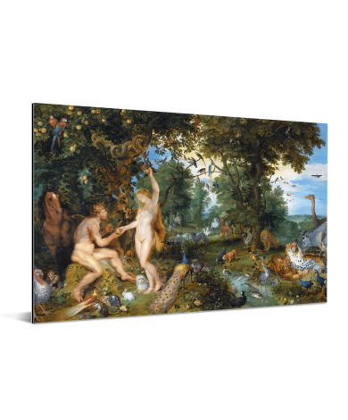 Het aardse paradijs met de zondeval van Adam en Eva - Schilderij van Peter Paul Rubens Aluminium