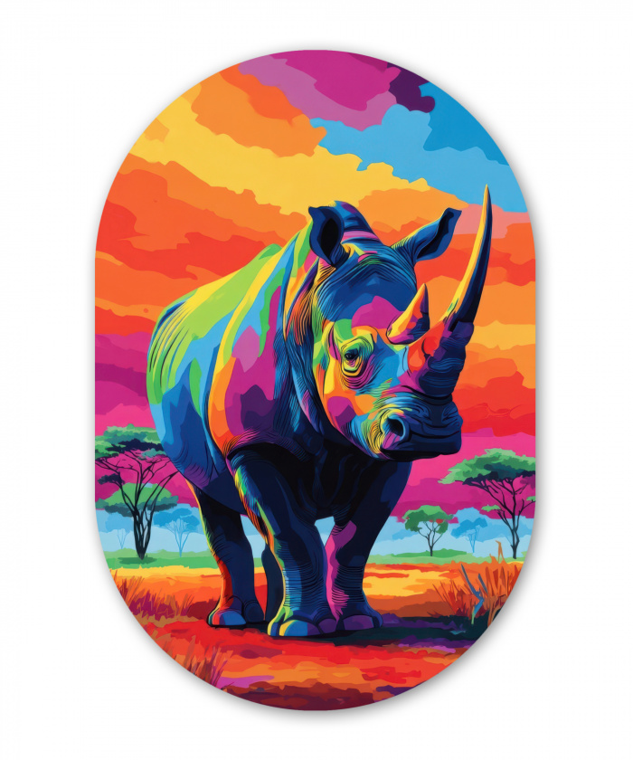 Neushoorn - Zonsondergang - Savanna - Kleurrijk Wandcirkel Ovaal Aluminium middel -3d