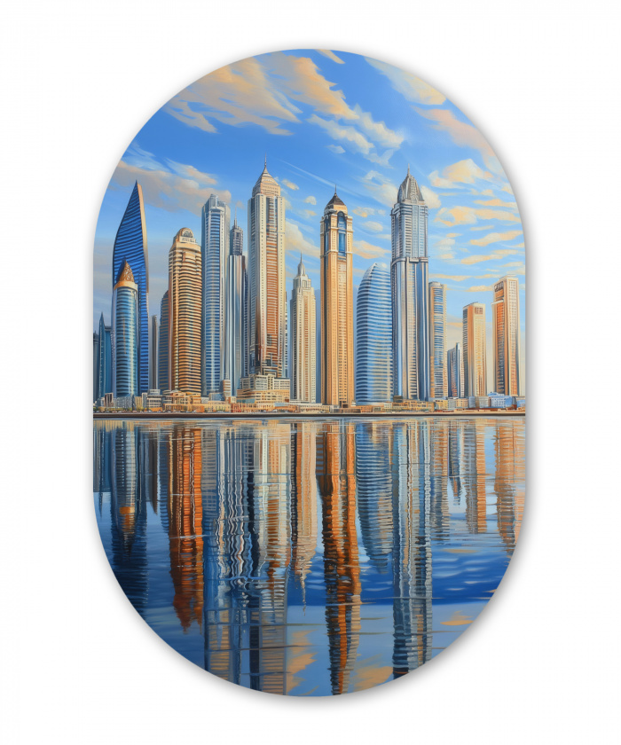 Skyline - Wolkenkrabbers - Water - Blauw Wandcirkel Ovaal Aluminium middel -3d