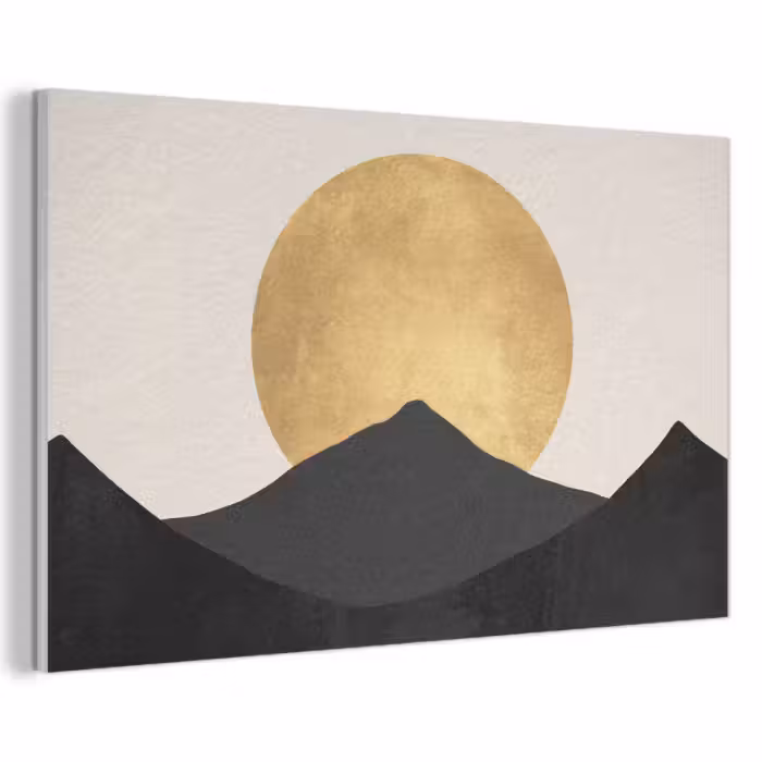 Akoestisch schilderij - Bergsilhouetten - Gouden cirkel - Beige