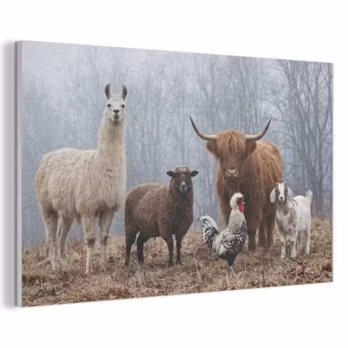 Akoestisch schilderij - Boerderijdieren - Groep - Mist - Natuur - Rustiek
