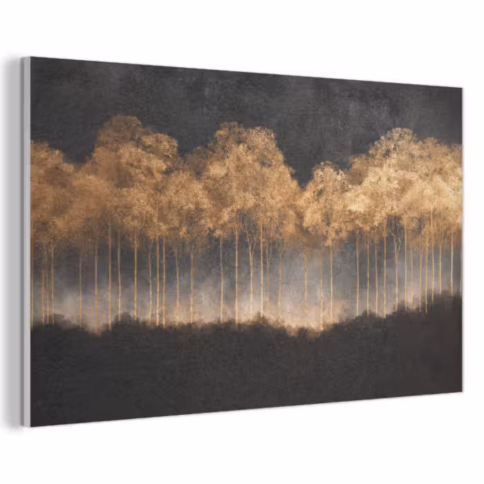 Akoestisch schilderij - Gouden Bomen in Mistig Landschap