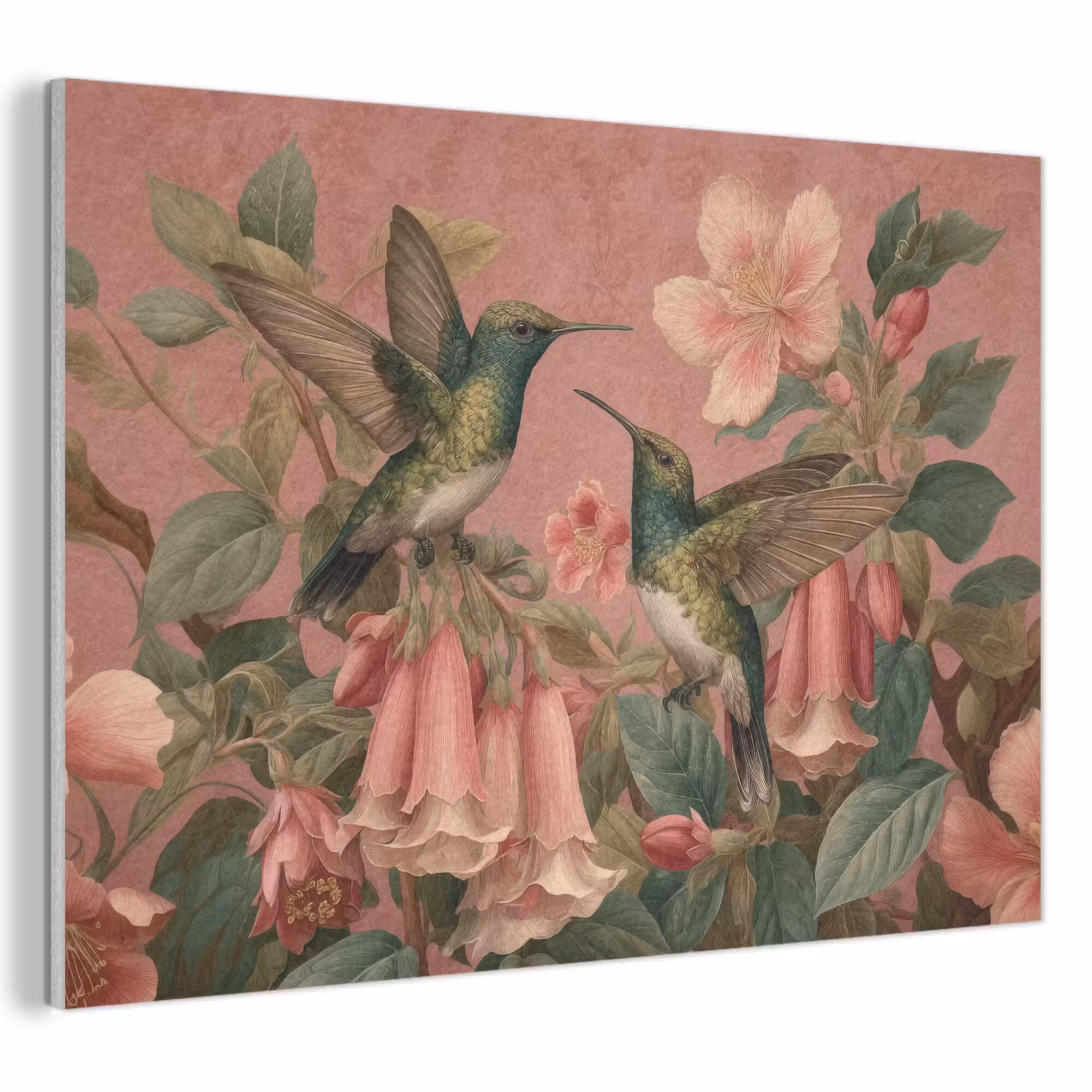 Akoestisch schilderij - Kolibries - Bloemen - Groen - Roze