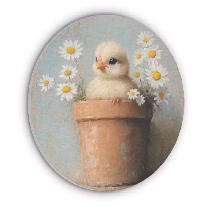Akoestisch schilderij rond - Bloempot - Kuiken - Bloemetjes