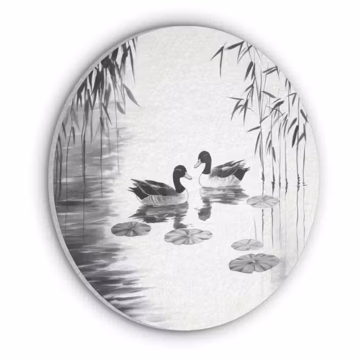 Akoestisch schilderij rond - Eenden - Waterlelies - Riet - Zwart