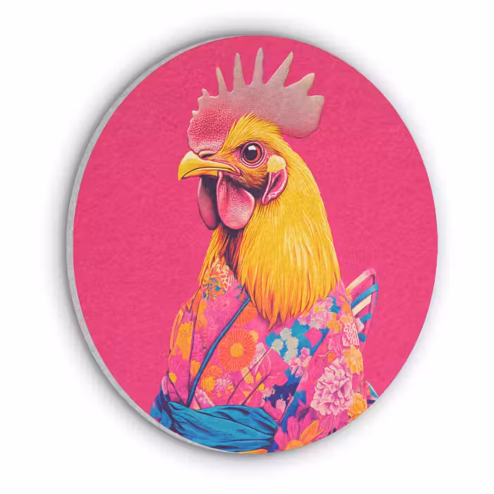 Akoestisch schilderij rond - Haan - Kleurrijk - Kimono - Roze