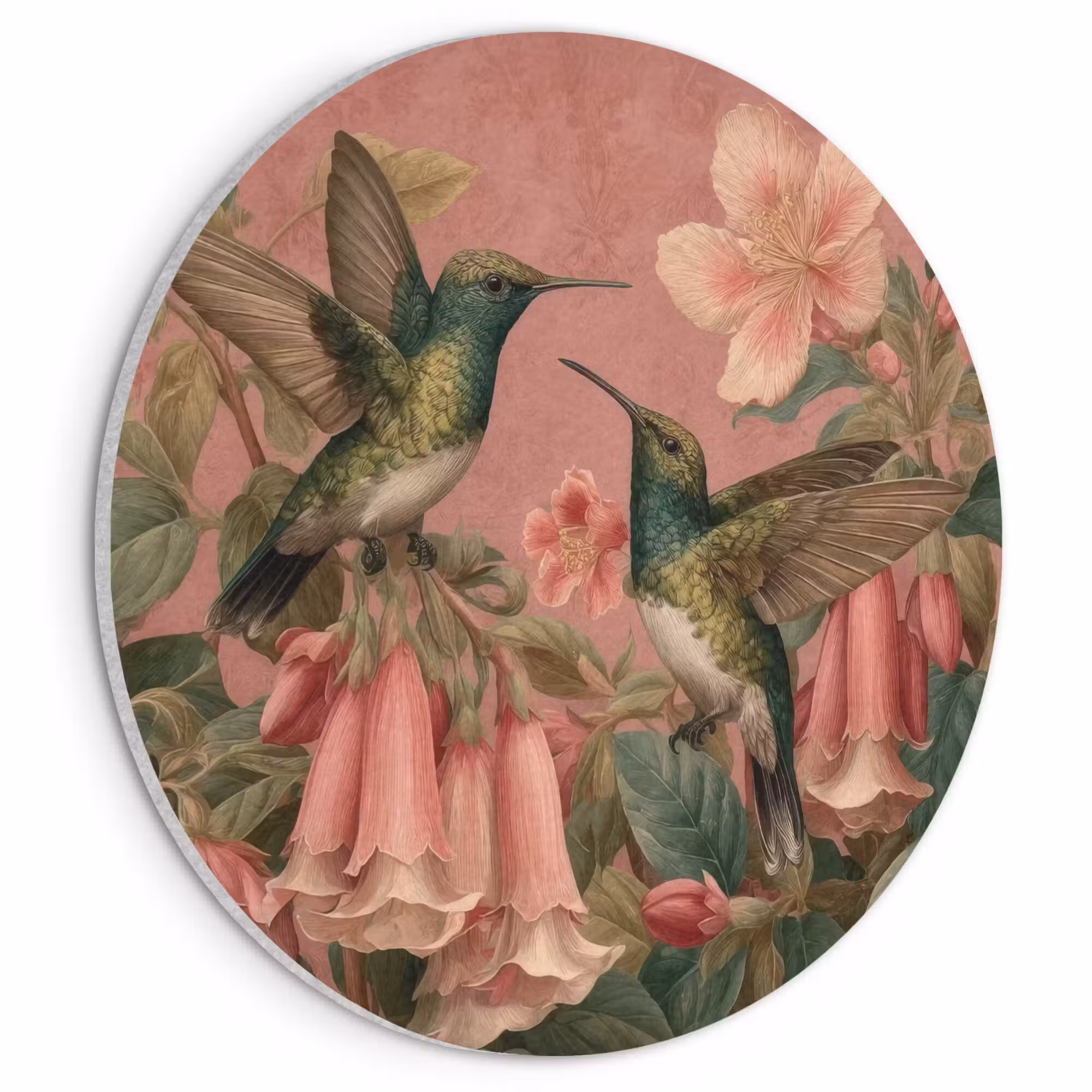 Akoestisch schilderij rond - Kolibries - Bloemen - Groen - Roze