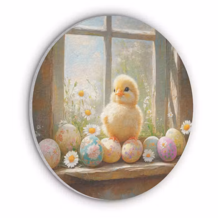 Akoestisch schilderij rond - Kuiken - Raam - Paaseieren